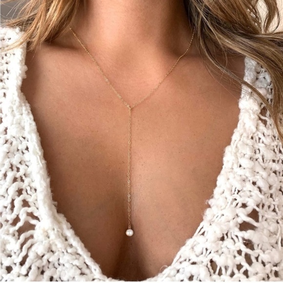 Gold 14k Gold Plated Faux Pearl Lariat Necklace - Picture 1 of 4